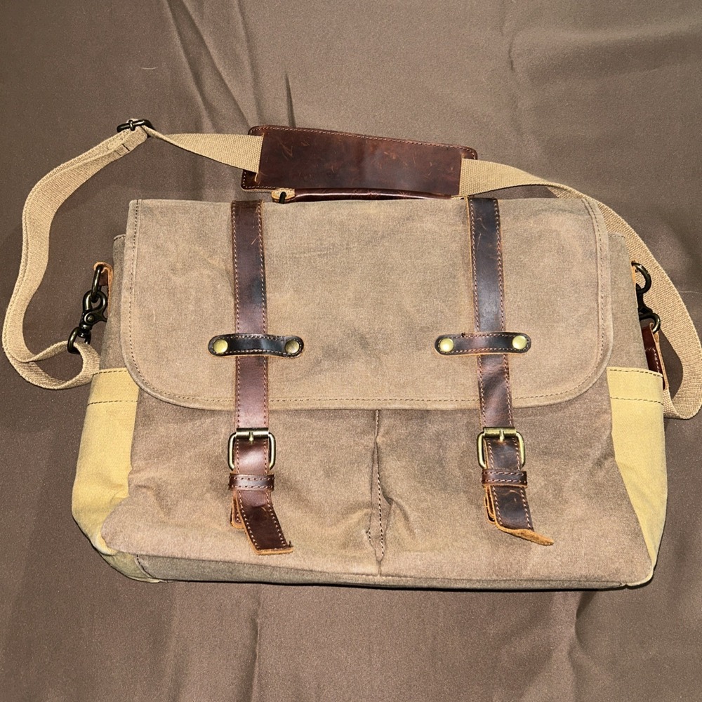 NEWHEY Mens Messenger Bag 15.6" Waterproof Vintage Genuine Leather Waxed Canvas